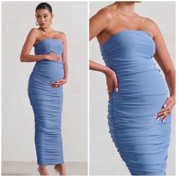 NWT CLUB L LONDON Maternity Blue Strapless Bodycon Ruched Mesh Midi Dress US 8 - Picture 8 of 11
